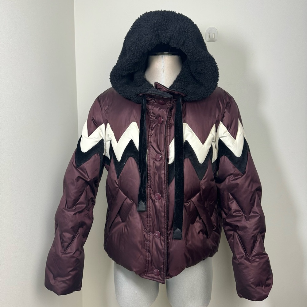 COACH Fair Isle Puffer Winter Jacket Size Large Red Wine, Plum, White, Black